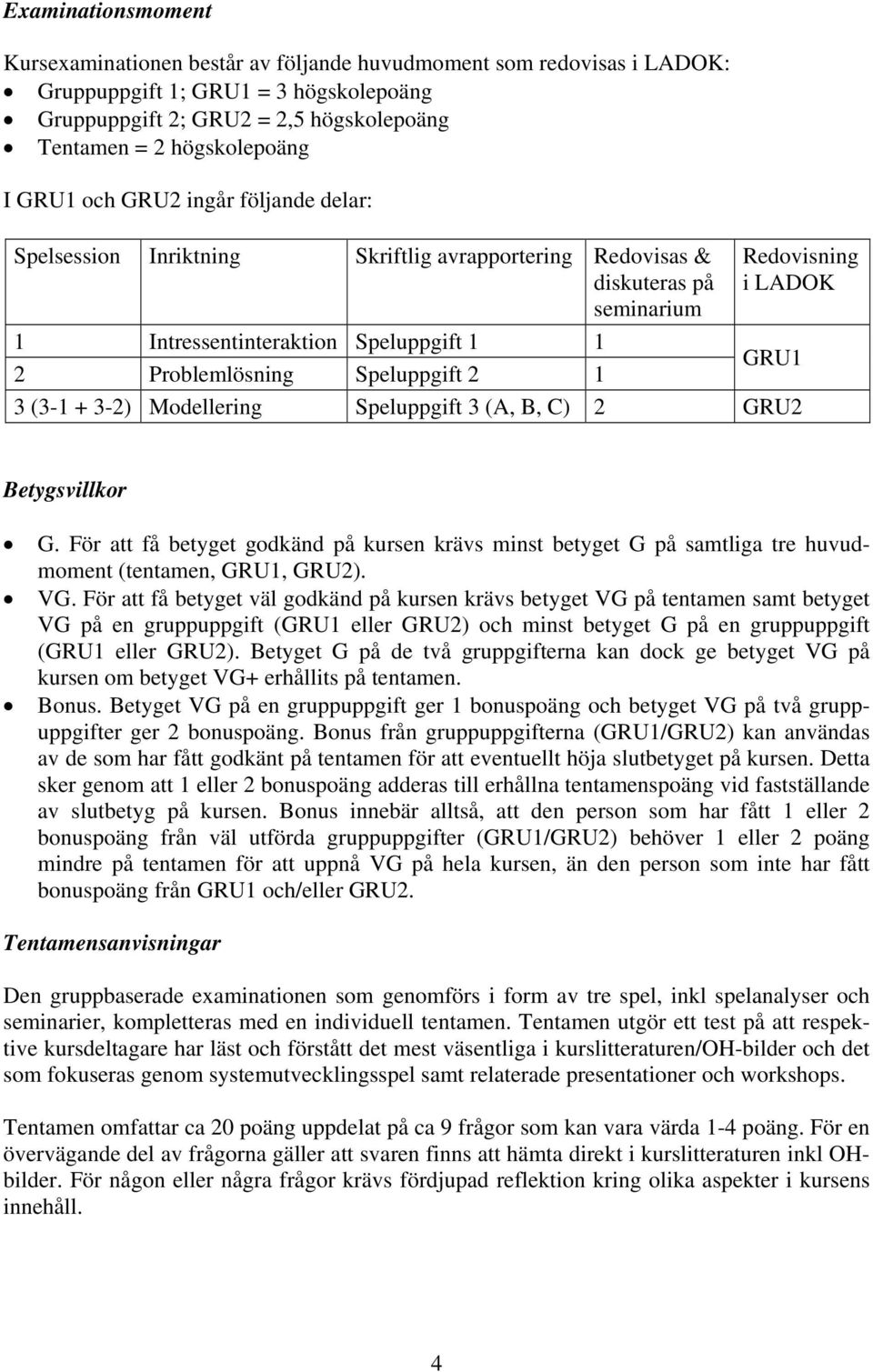 Problemlösning Speluppgift 2 1 3 (3-1 + 3-2) Modellering Speluppgift 3 (A, B, C) 2 GRU2 Betygsvillkor G.