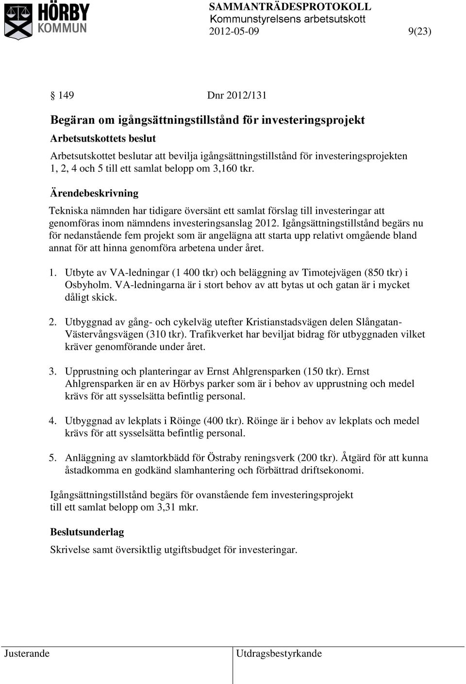 Igångsättningstillstånd begärs nu för nedanstående fem projekt som är angelägna att starta upp relativt omgående bland annat för att hinna genomföra arbetena under året. 1.