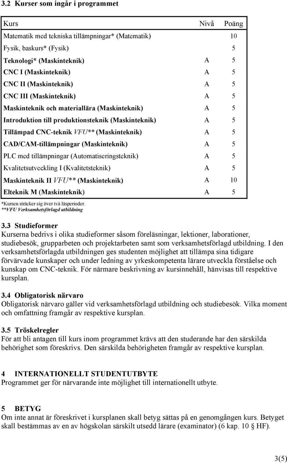 CAD/CAM-tillämpningar (Maskinteknik) A 5 PLC med tillämpningar (Automatiseringsteknik) A 5 Kvalitetsutveckling I (Kvalitetsteknik) A 5 Maskinteknik II VFU** (Maskinteknik) A 10 Elteknik M