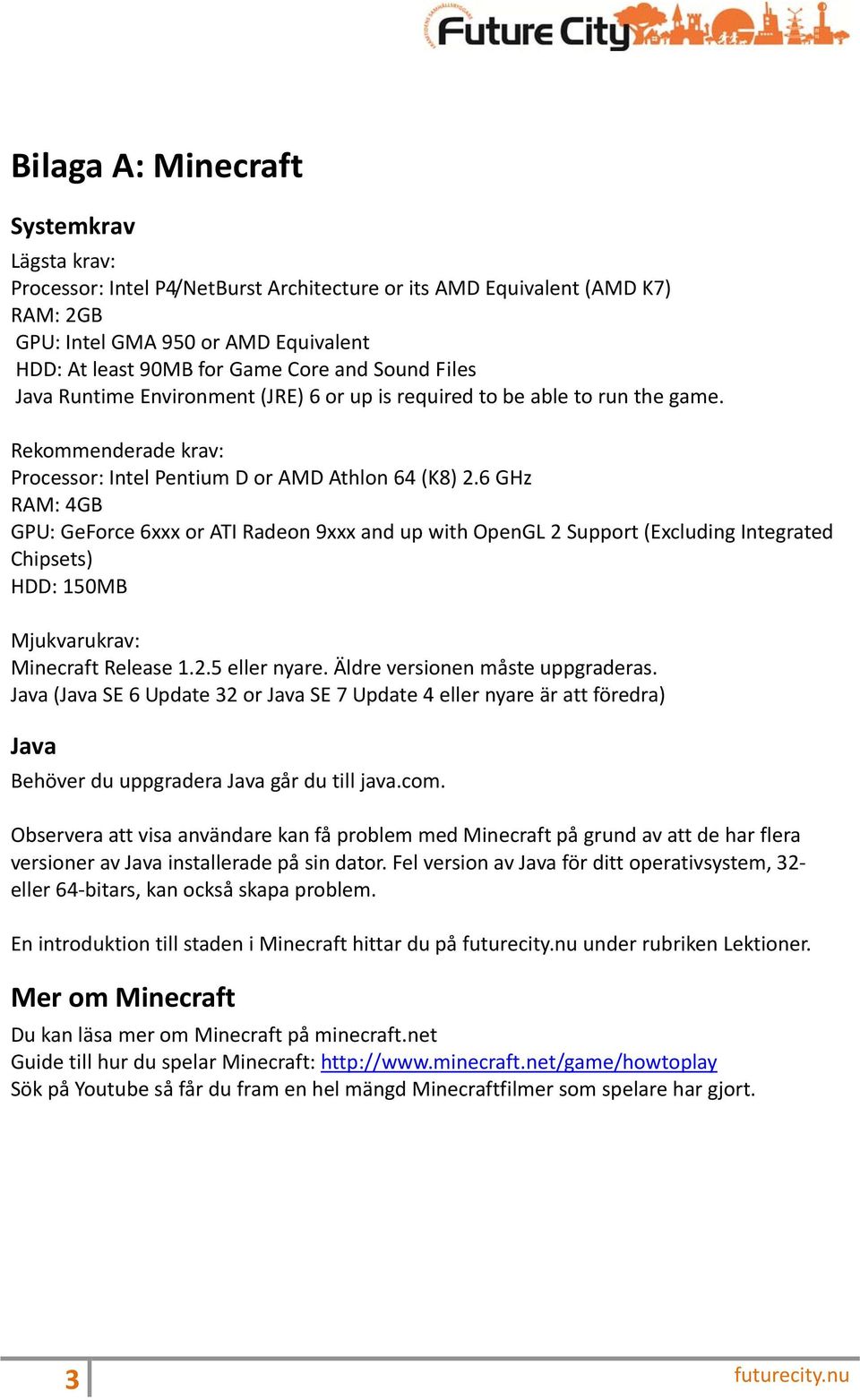 6 GHz RAM: 4GB GPU: GeForce 6xxx or ATI Radeon 9xxx and up with OpenGL 2 Support (Excluding Integrated Chipsets) HDD: 150MB Mjukvarukrav: Minecraft Release 1.2.5 eller nyare.