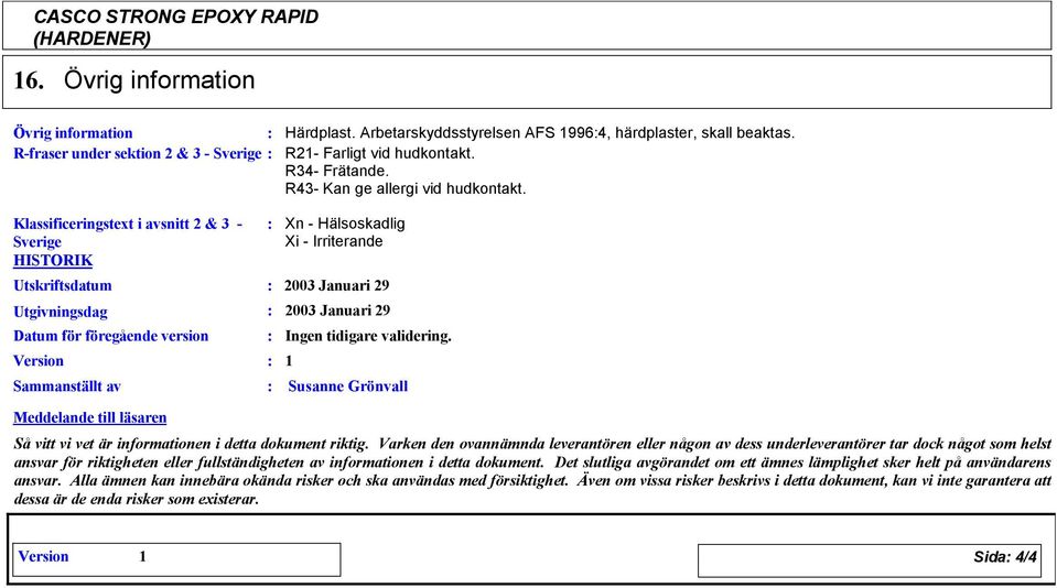 Klassificeringstext i avsnitt 2 & 3 HISTORIK Utskriftsdatum Utgivningsdag Datum för föregående version Version Sammanställt av Xn Hälsoskadlig Xi Irriterande 2003 Januari 2 2003 Januari 2 Ingen