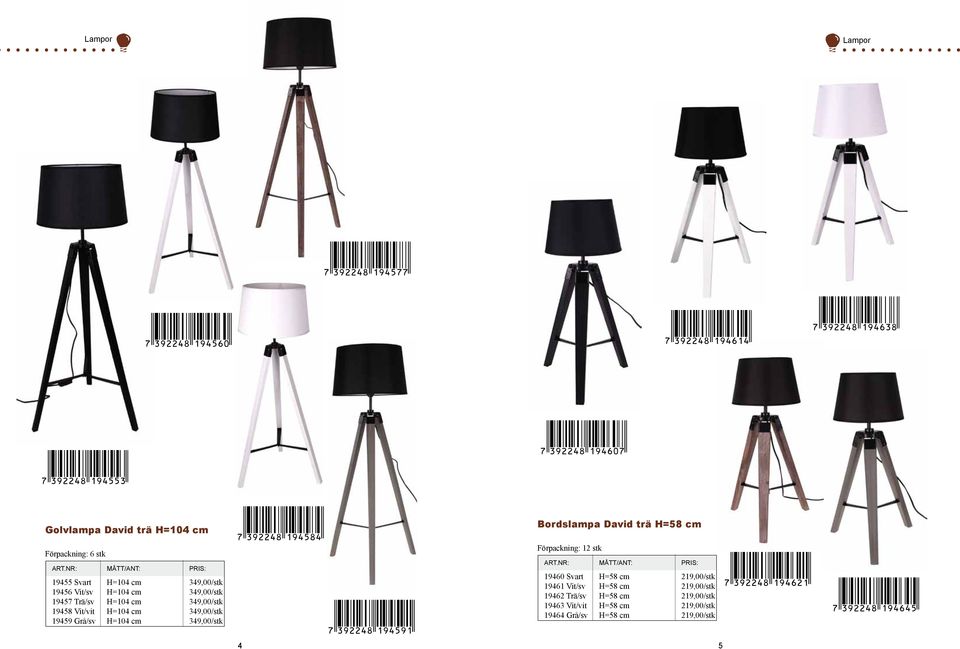 349,00/stk Bordslampa David trä H=58 cm Förpackning: 12 stk 19460 Svart H=58 cm 219,00/stk 19461 Vit/sv H=58