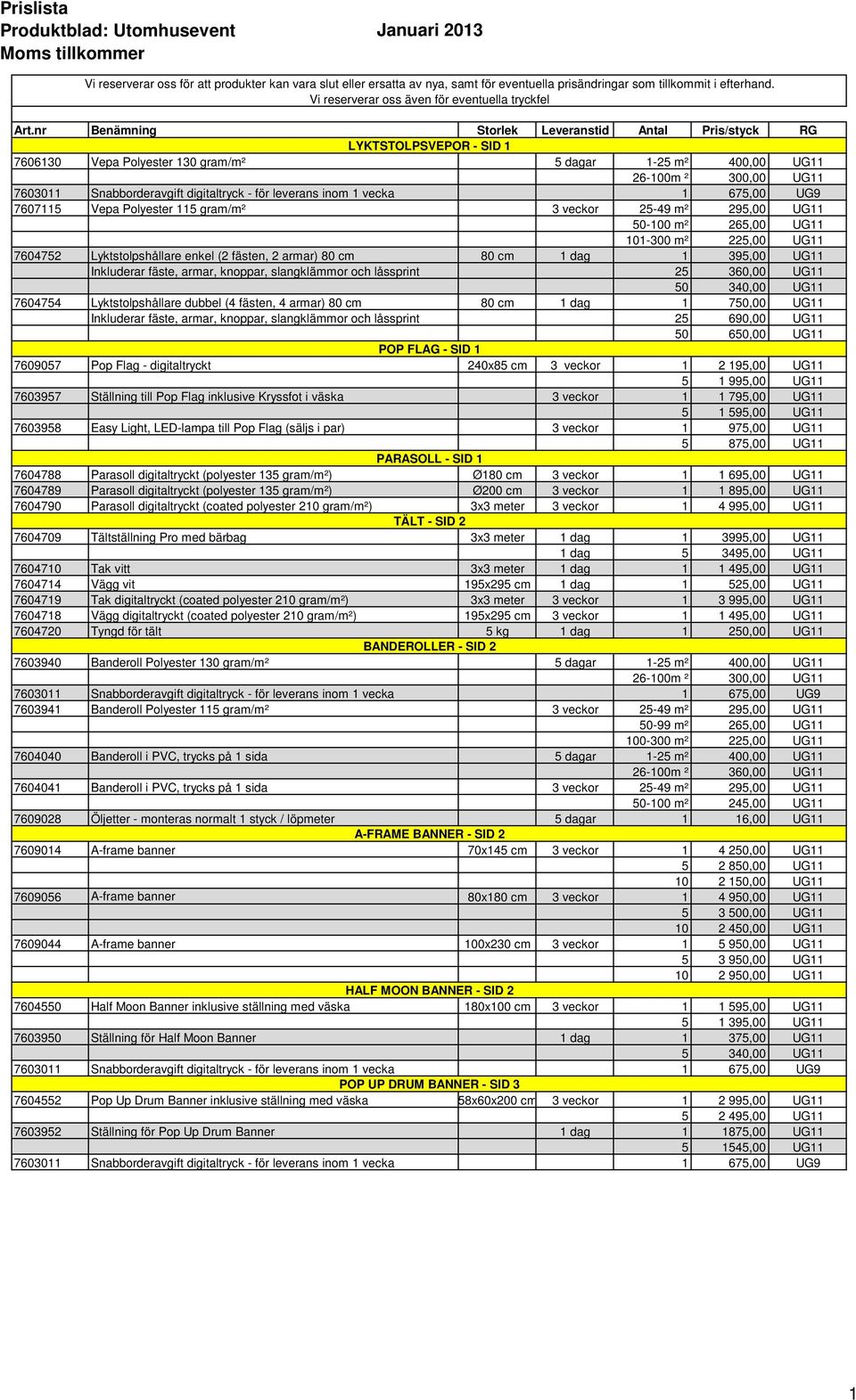 nr Benämning Storlek Leveranstid Antal Pris/styck RG LYKTSTOLPSVEPOR - SID 1 7606130 Vepa Polyester 130 gram/m² 5 dagar 1-25 m² 400,00 UG11 26-100m ² 300,00 UG11 7607115 Vepa Polyester 115 gram/m² 3