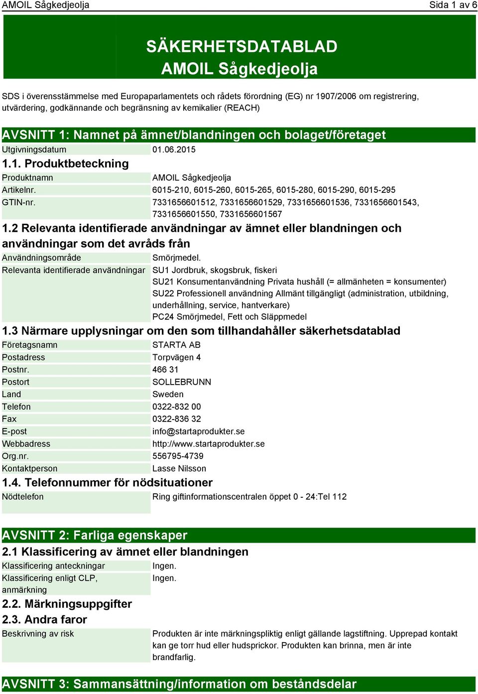 6015-210, 6015-260, 6015-265, 6015-280, 6015-290, 6015-295 GTIN-nr. 7331656601512, 7331656601529, 7331656601536, 7331656601543, 7331656601550, 7331656601567 1.