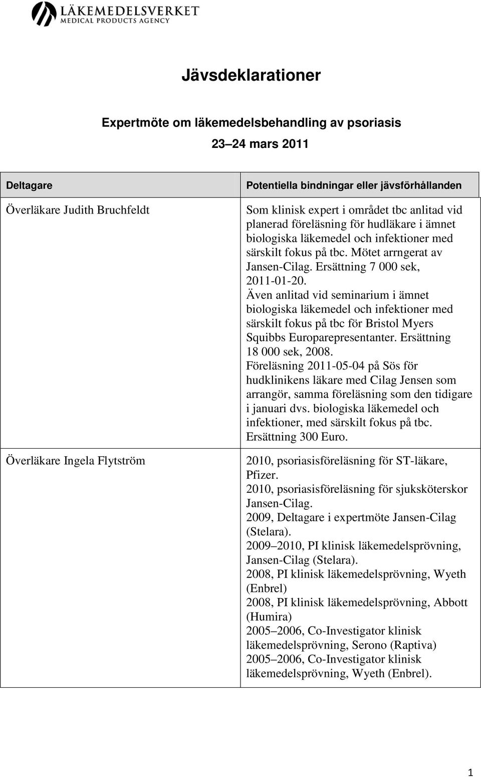 Ersättning 7 000 sek, 2011-01-20. Även anlitad vid seminarium i ämnet biologiska läkemedel och infektioner med särskilt fokus på tbc för Bristol Myers Squibbs Europarepresentanter.