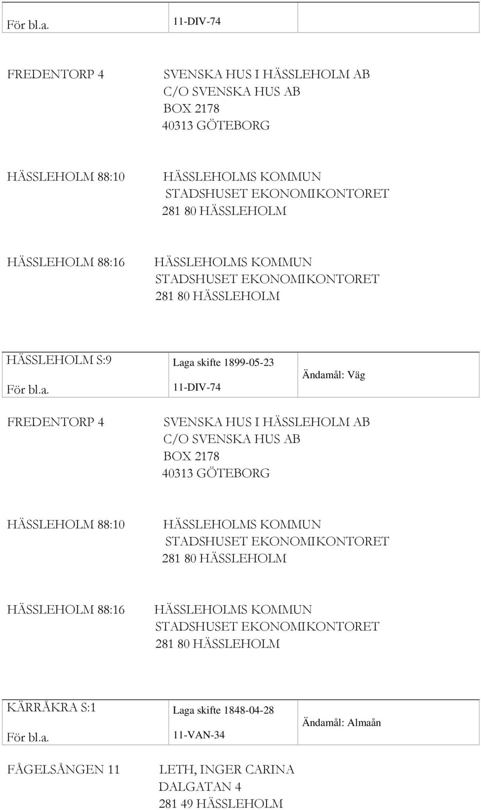 FREDENTORP 4 SVENSKA HUS I HÄSSLEHOLM AB C/O SVENSKA HUS AB BOX 2178 40313 GÖTEBORG HÄSSLEHOLM 88:10