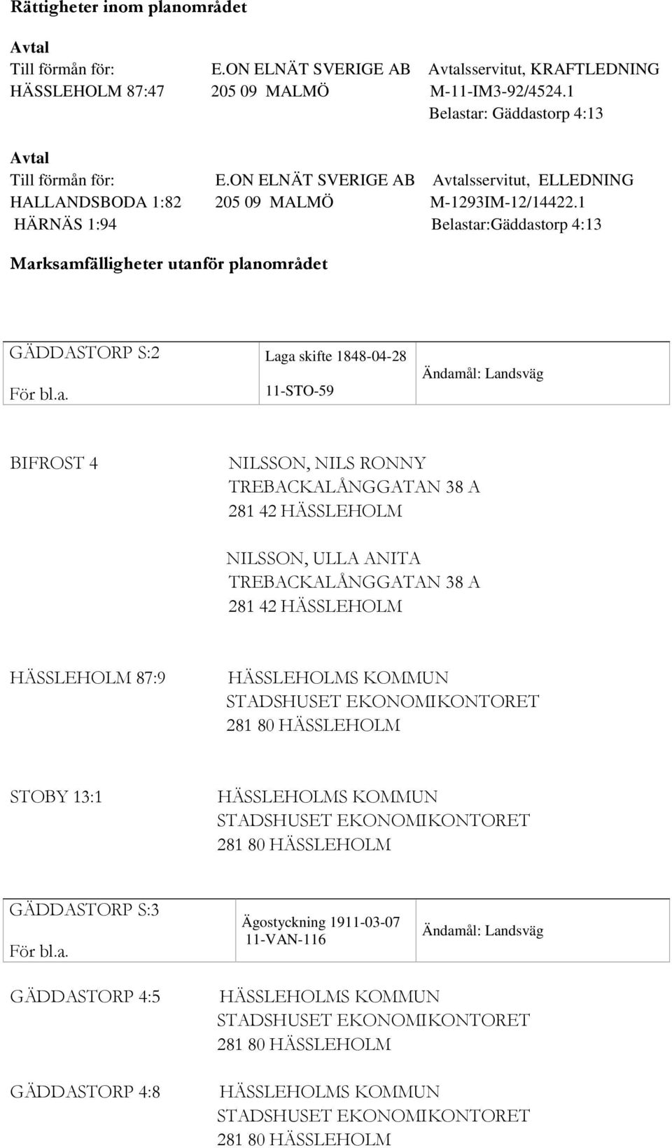 1 HÄRNÄS 1:94 Belastar:Gäddastorp 4:13 Marksamfälligheter utanför planområdet GÄDDASTORP S:2 Laga skifte 1848-04-28 11-STO-59 Ändamål: Landsväg BIFROST 4 NILSSON,