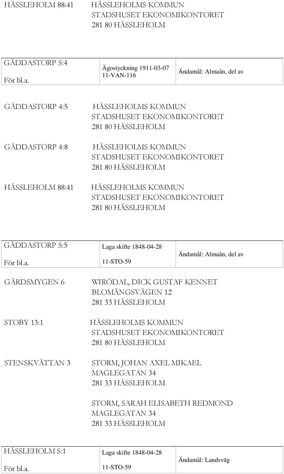 STENSKVÄTTAN 3 WIRÖDAL, DICK GUSTAF KENNET BLOMÄNGSVÄGEN 12 281 33 HÄSSLEHOLM STORM, JOHAN AXEL MIKAEL MAGLEGATAN 34 281 33