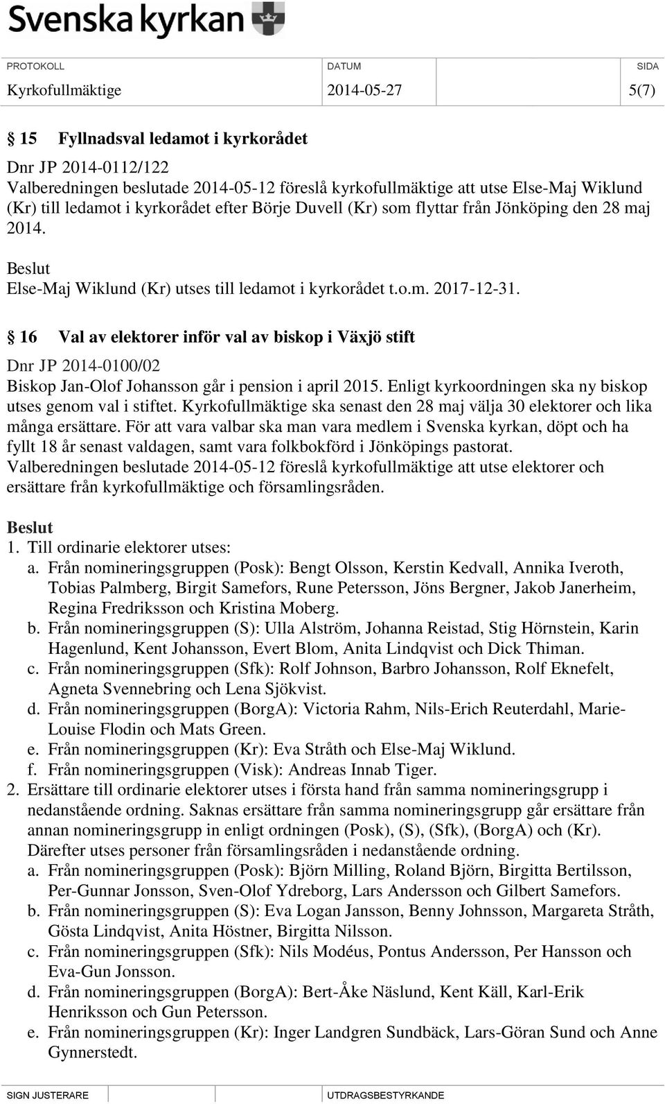 16 Val av elektorer inför val av biskop i Växjö stift Dnr JP 2014-0100/02 Biskop Jan-Olof Johansson går i pension i april 2015. Enligt kyrkoordningen ska ny biskop utses genom val i stiftet.
