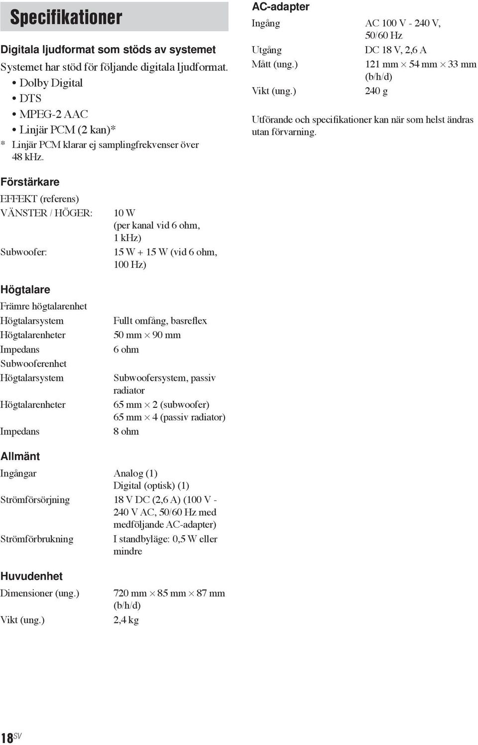 ) 121 mm 54 mm 33 mm (b/h/d) Vikt (ung.) 240 g Utförande och specifikationer kan när som helst ändras utan förvarning.