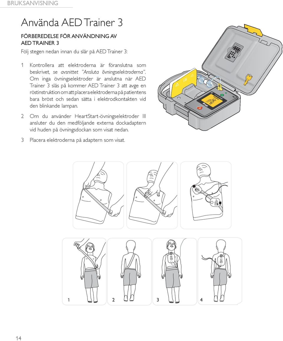 Om inga övningselektroder är anslutna när AED Trainer 3 slås på kommer AED Trainer 3 att avge en röstinstruktion om att placera elektroderna på patientens bara bröst och