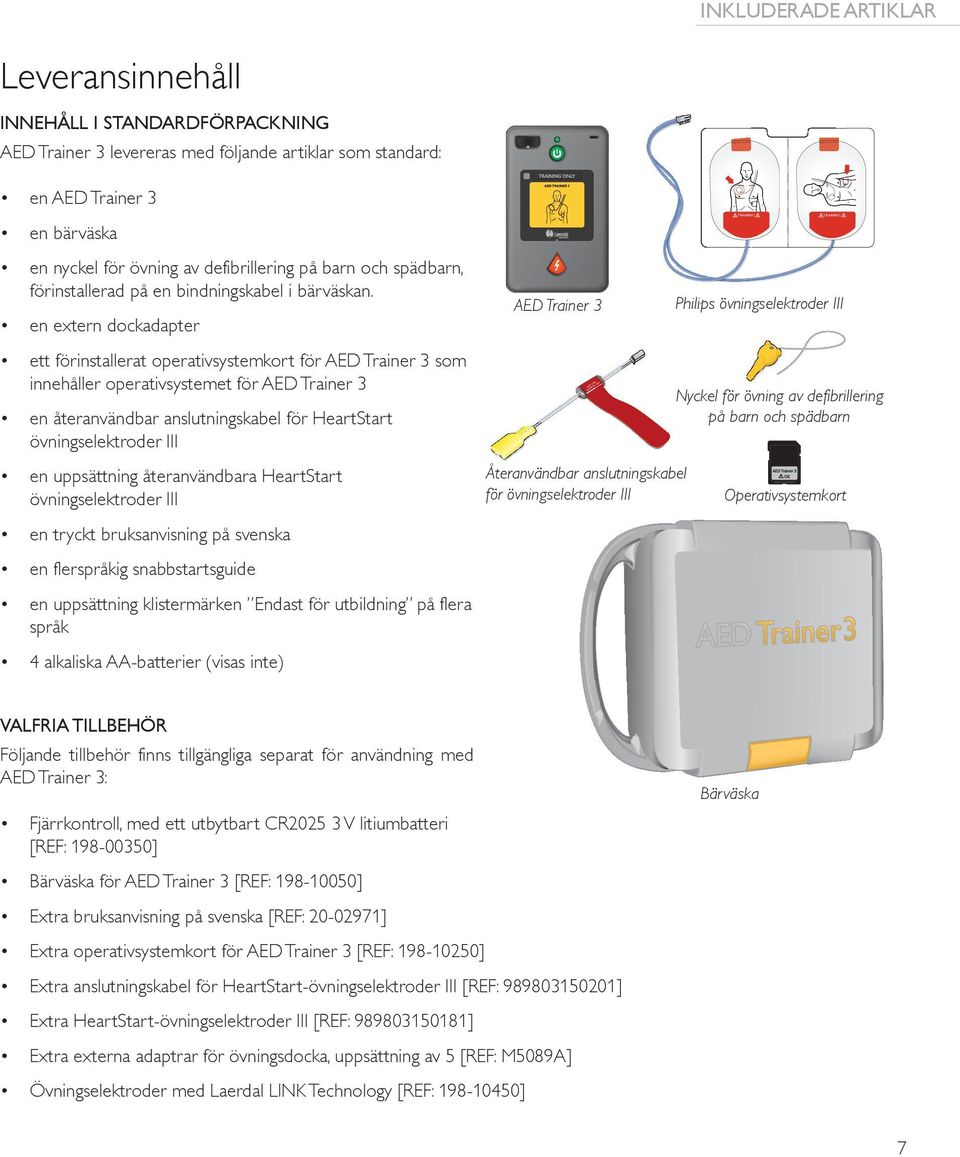 en extern dockadapter AED Trainer 3 e tt förinstallerat operativsystemkort för AED Trainer 3 som innehåller operativsystemet för AED Trainer 3 R T FO NO ICAL IN CL E US e n återanvändbar