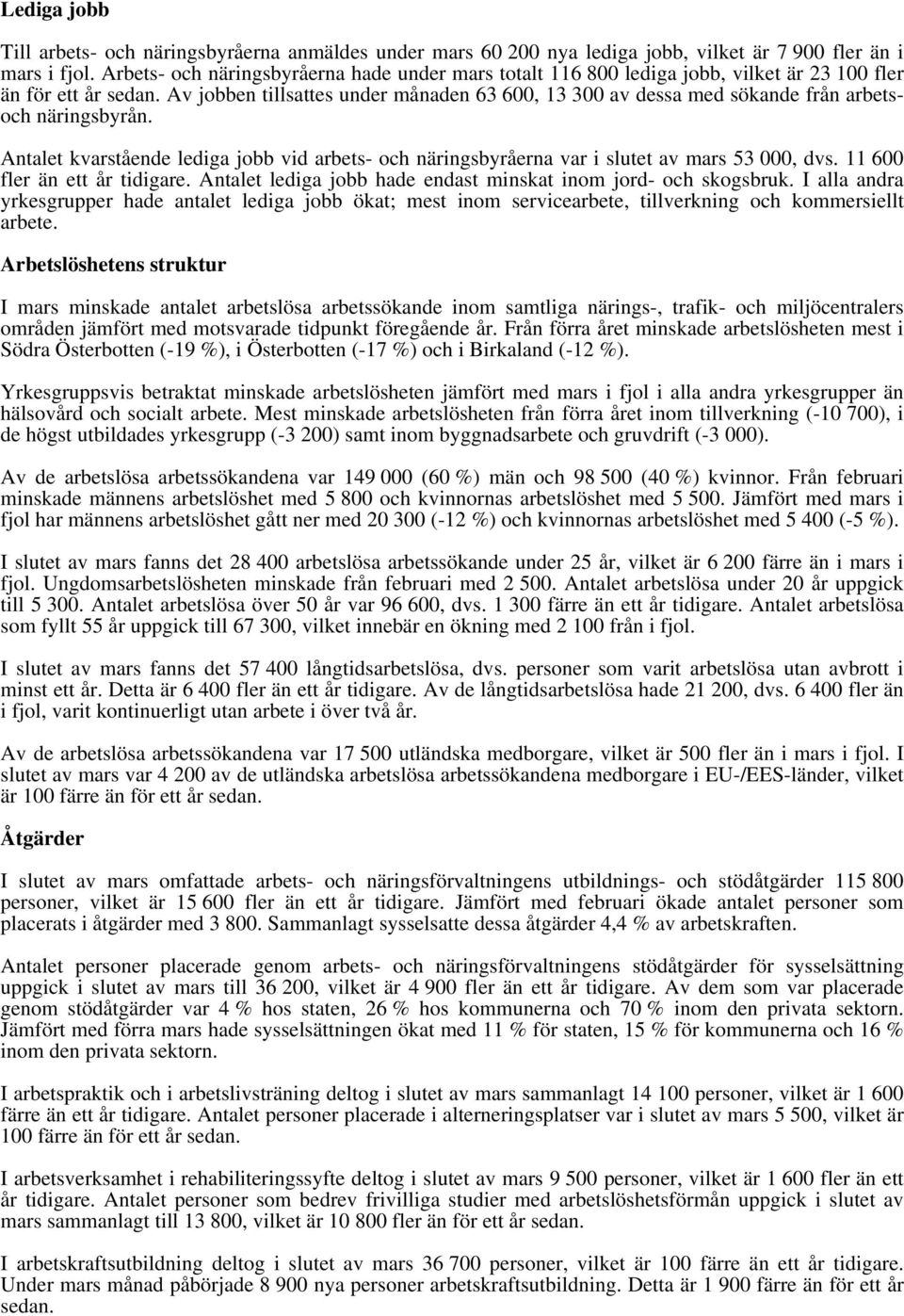 Av jobben tillsattes under månaden 63 6, 13 3 av dessa med sökande från arbetsoch näringsbyrån. Antalet kvarstående lediga jobb vid arbets- och näringsbyråerna var i slutet av mars 53, dvs.