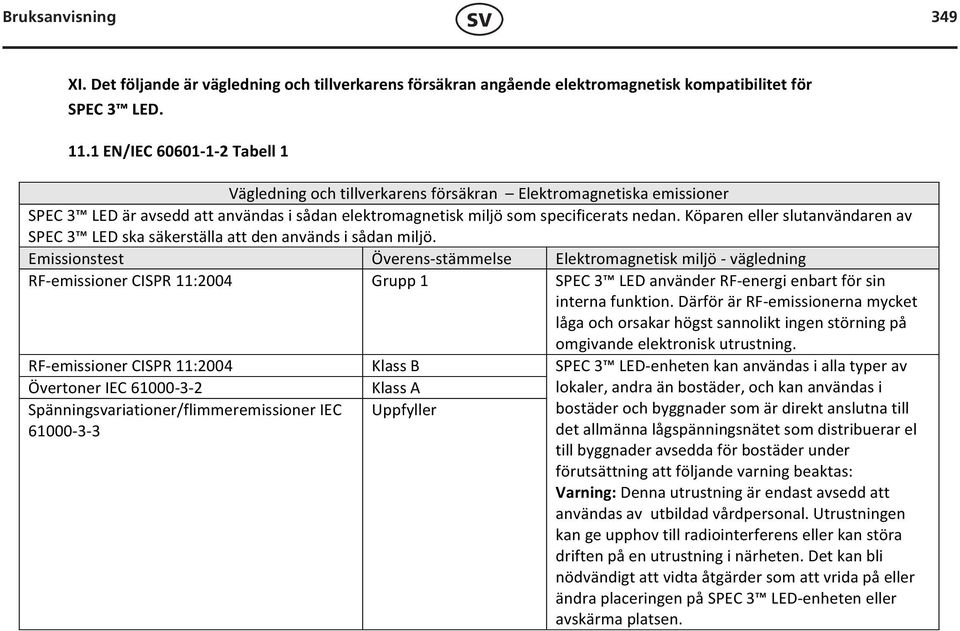 Köparen eller slutanvändaren av SPEC 3 LED ska säkerställa att den används i sådan miljö.