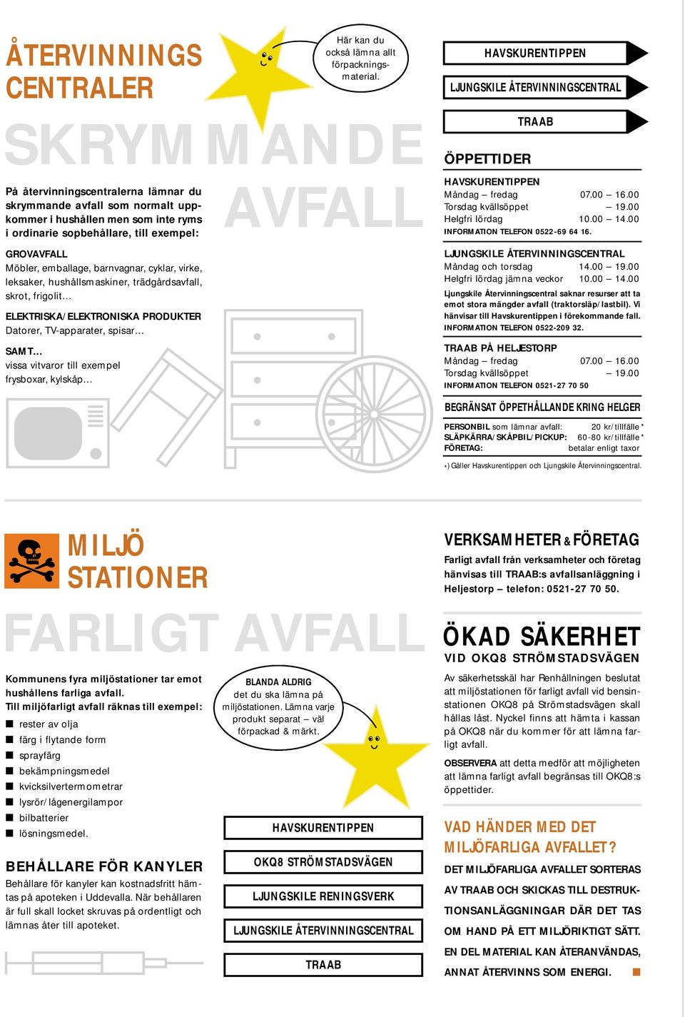 sopbehållare, till exempel: GROVAVFALL Möbler, emballage, barnvagnar, cyklar, virke, leksaker, hushållsmaskiner, trädgårdsavfall, skrot, frigolit ELEKTRISKA/ELEKTRONISKA PRODUKTER Datorer,