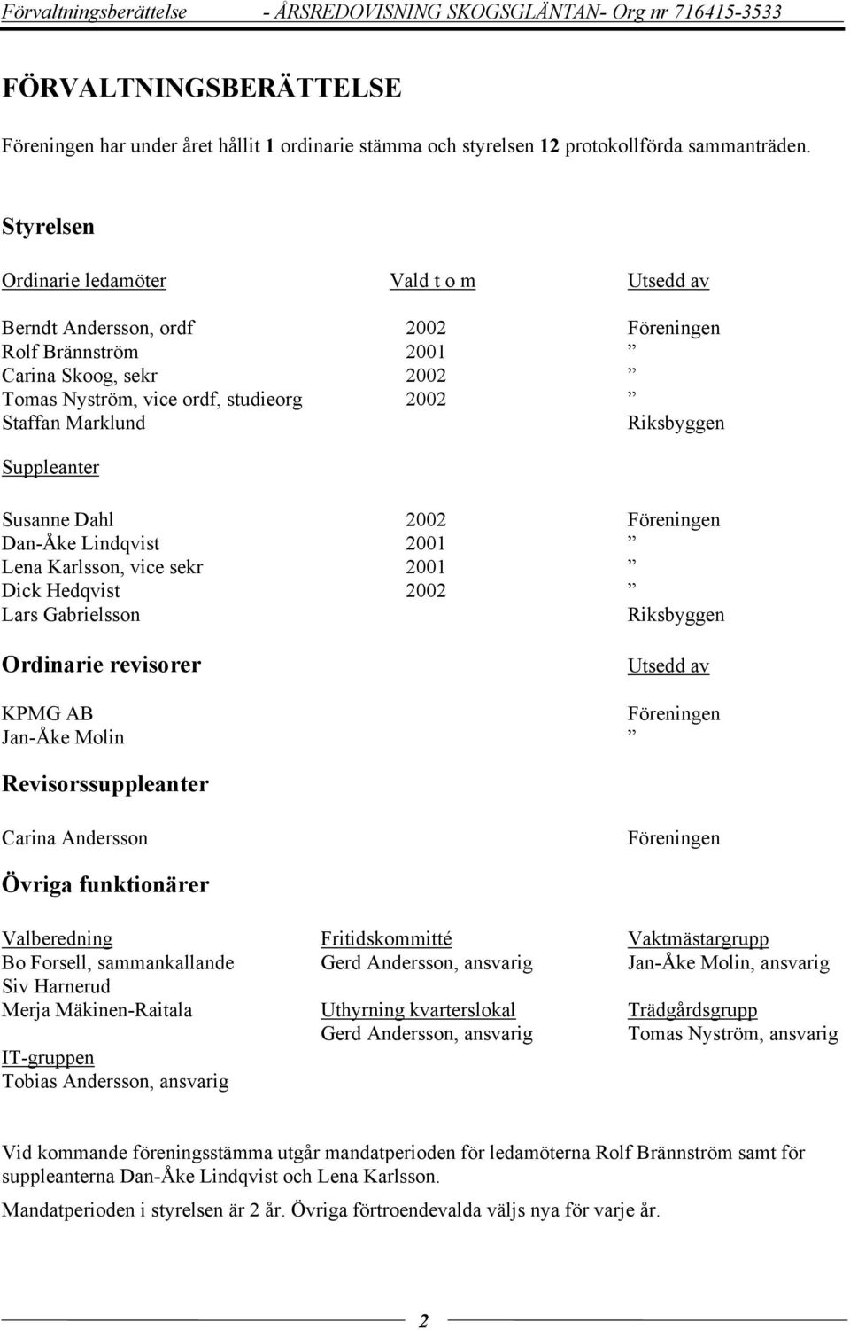 Riksbyggen Suppleanter Susanne Dahl 2002 Föreningen Dan-Åke Lindqvist 2001 Lena Karlsson, vice sekr 2001 Dick Hedqvist 2002 Lars Gabrielsson Riksbyggen Ordinarie revisorer Utsedd av KPMG AB