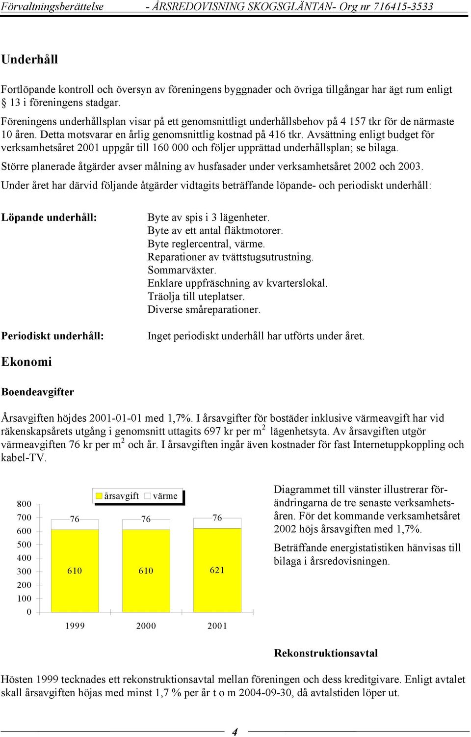 Avsättning enligt budget för verksamhetsåret 2001 uppgår till 160 000 och följer upprättad underhållsplan; se bilaga.