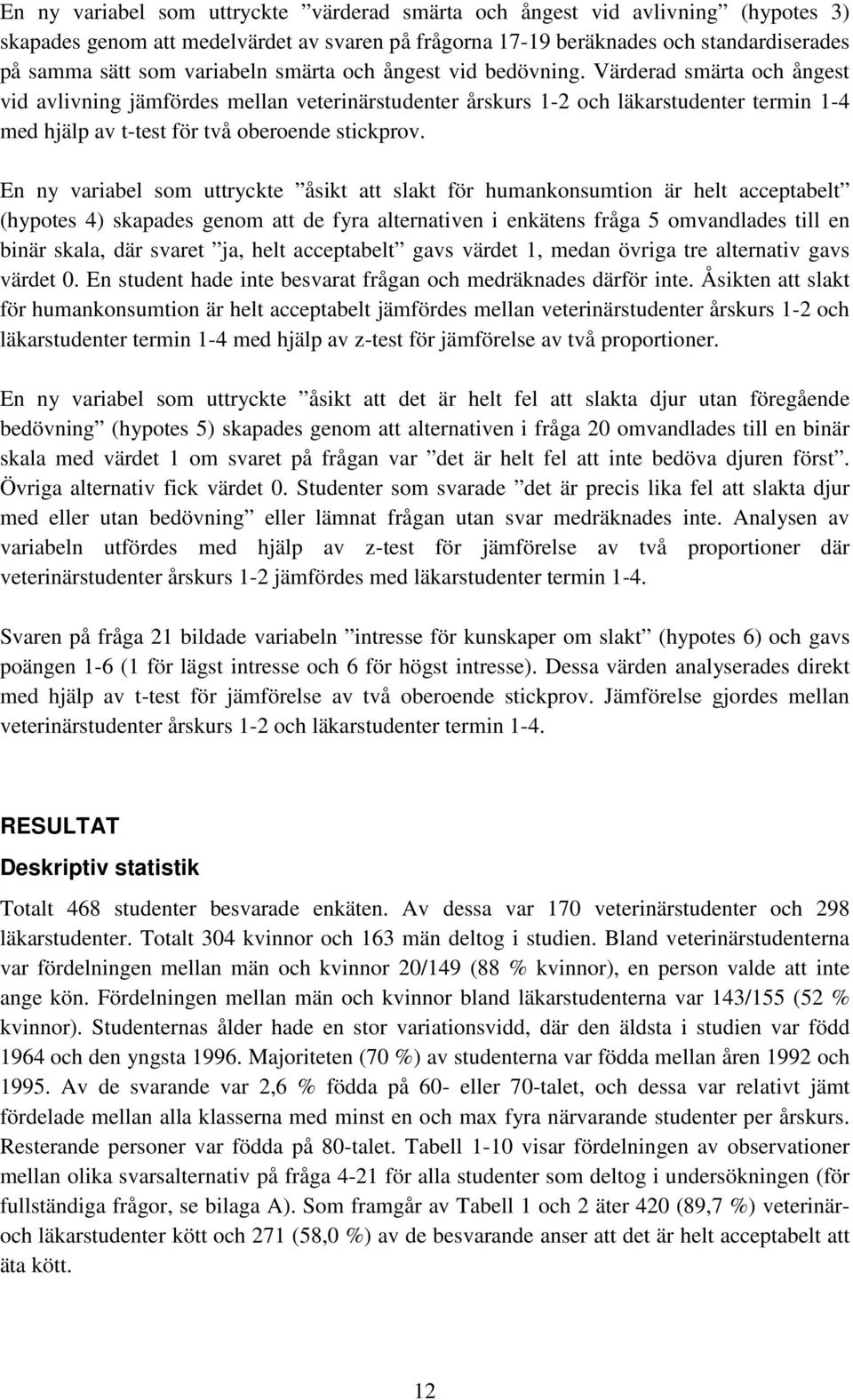 Värderad smärta och ångest vid avlivning jämfördes mellan veterinärstudenter årskurs 1-2 och läkarstudenter termin 1-4 med hjälp av t-test för två oberoende stickprov.