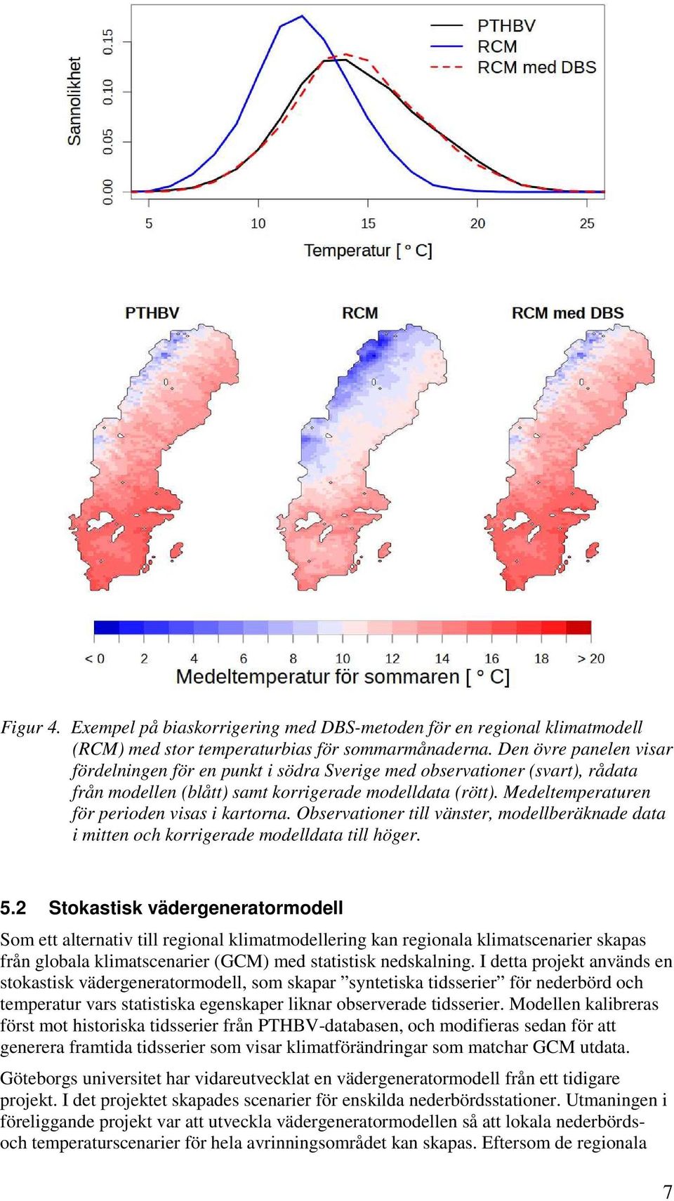 Medeltemperaturen för perioden visas i kartorna. Observationer till vänster, modellberäknade data i mitten och korrigerade modelldata till höger. 5.