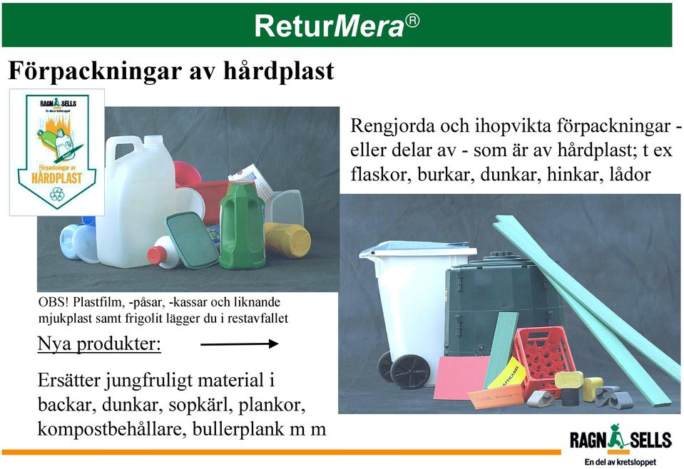 Plastfilm, -påsar, -kassar och liknande mjukplast samt frigolit lägger du i restavfallet