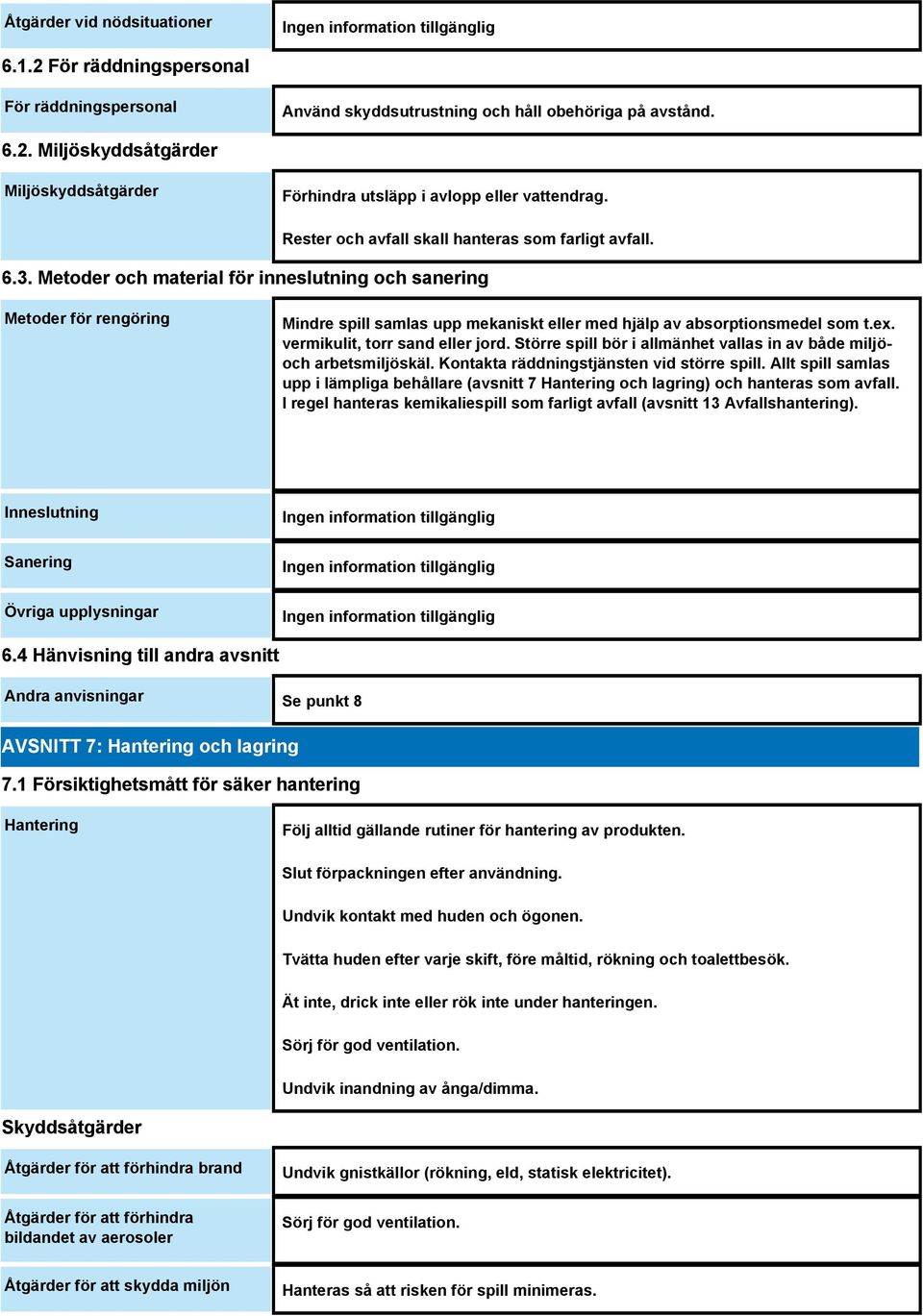 Metoder och material för inneslutning och sanering Metoder för rengöring Mindre spill samlas upp mekaniskt eller med hjälp av absorptionsmedel som t.ex. vermikulit, torr sand eller jord.