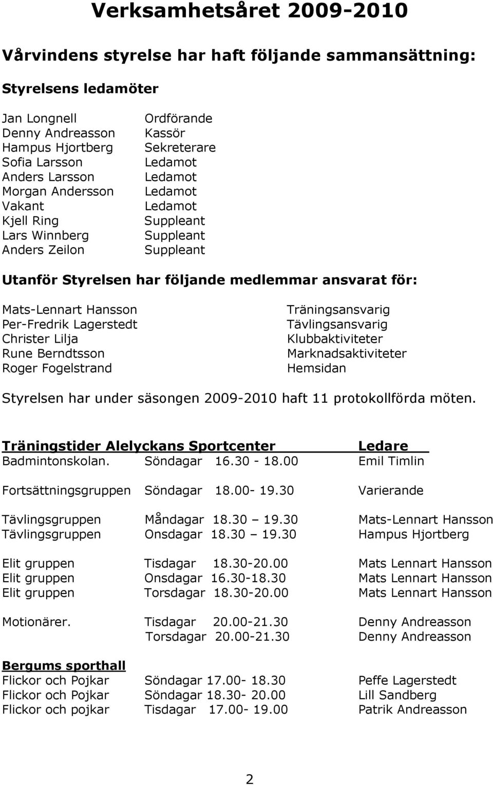 Mats-Lennart Hansson Per-Fredrik Lagerstedt Christer Lilja Rune Berndtsson Roger Fogelstrand Träningsansvarig Tävlingsansvarig Klubbaktiviteter Marknadsaktiviteter Hemsidan Styrelsen har under