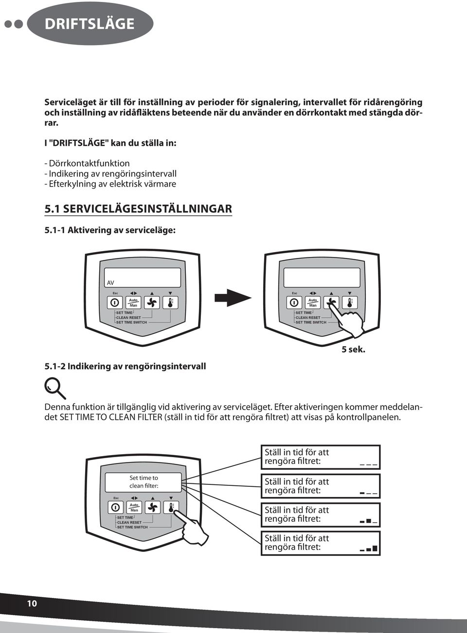 1-2 Indikering av rengöringsintervall 5 sek. Denna funktion är tillgänglig vid aktivering av serviceläget.