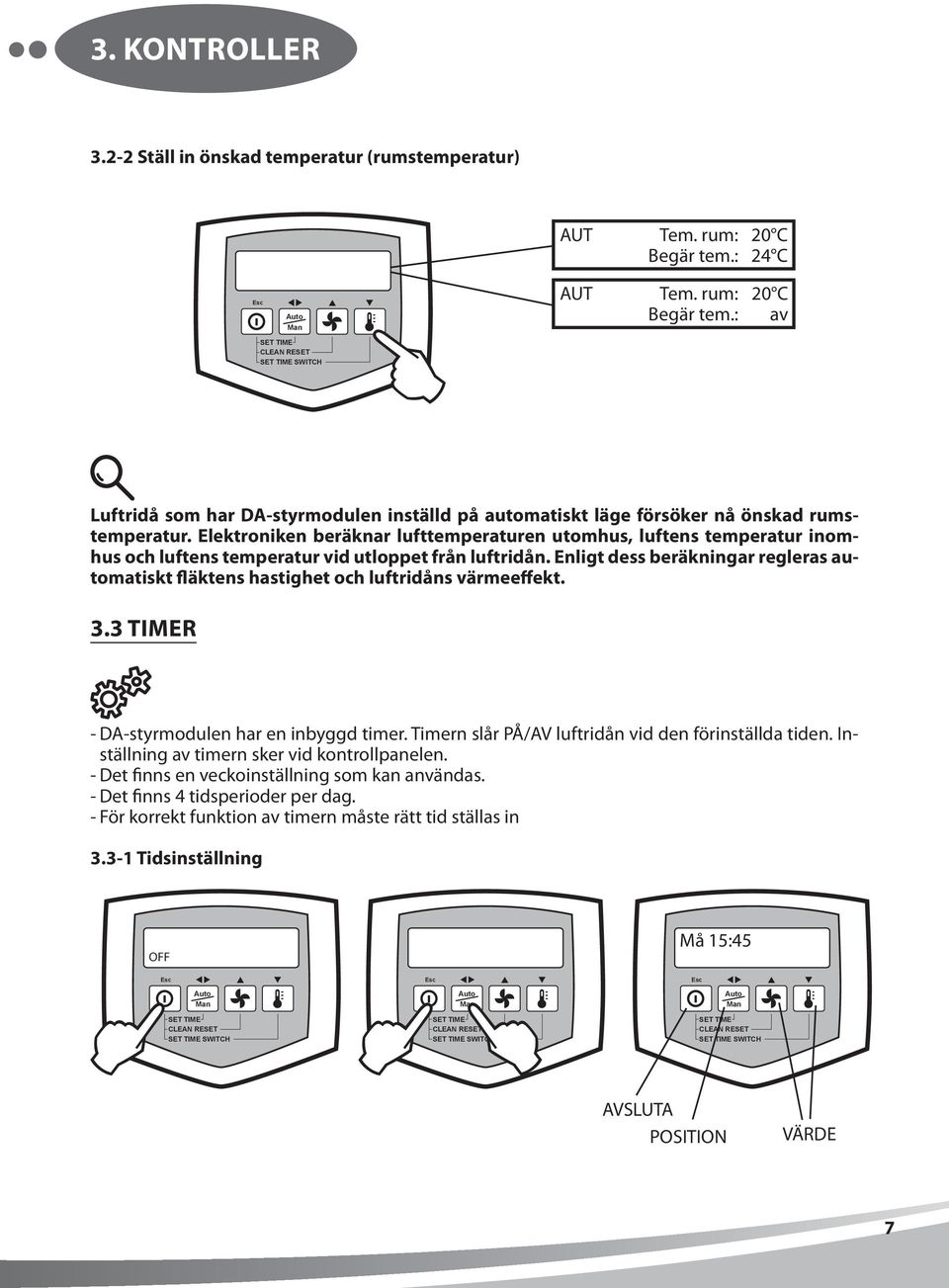 Enligt dess beräkningar regleras automatiskt fläktens hastighet och luftridåns värmeeffekt. 3.3 Timer - DA-styrmodulen har en inbyggd timer. Timern slår PÅ/AV luftridån vid den förinställda tiden.