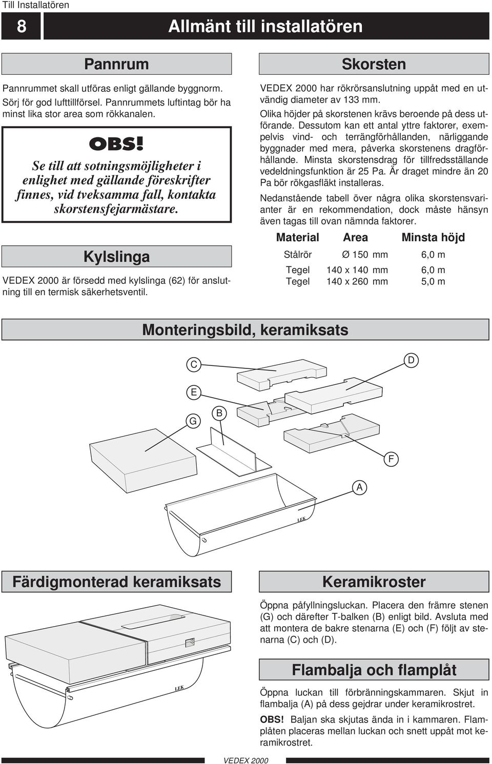 Kylslinga är försedd med kylslinga (62) för anslutning till en termisk säkerhetsventil. Skorsten har rökrörsanslutning uppåt med en utvändig diameter av 133 mm.