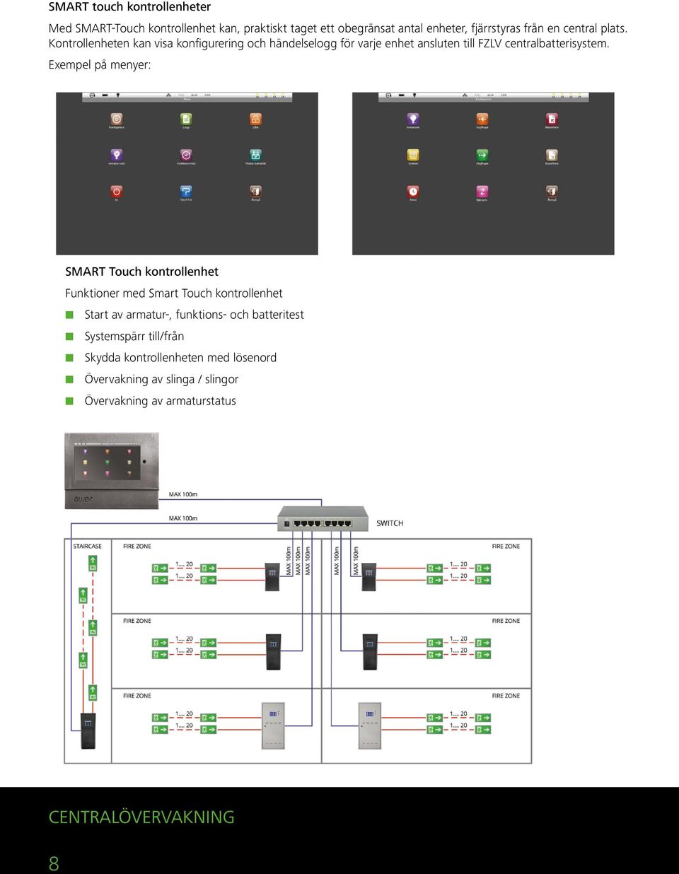 Exempel på menyer: SMART Touch kontrollenhet Funktioner med Smart Touch kontrollenhet K Start av armatur-, funktions- och batteritest