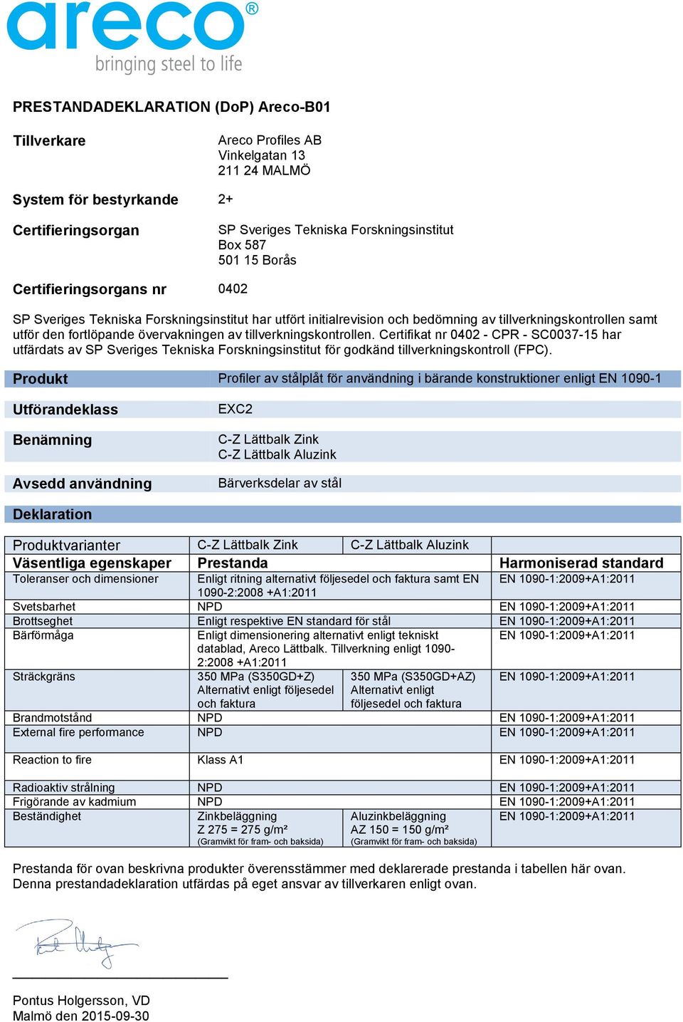Enligt respektive EN standard för stål datablad, Areco Lättbalk.