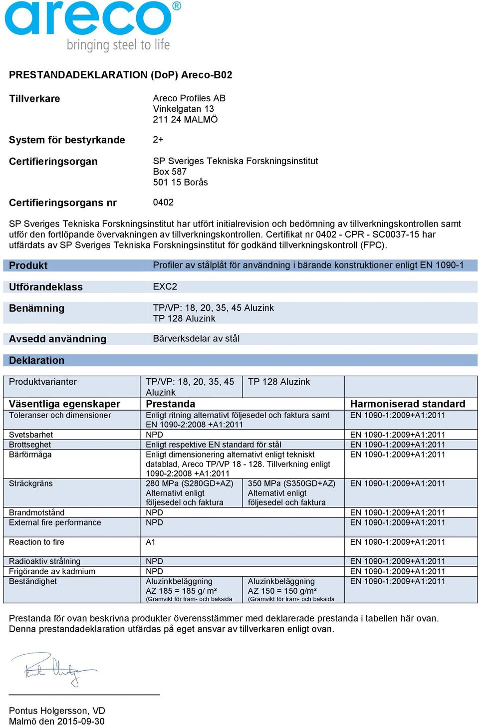 Brottseghet Enligt respektive EN standard för stål datablad, Areco TP/VP 18-128.