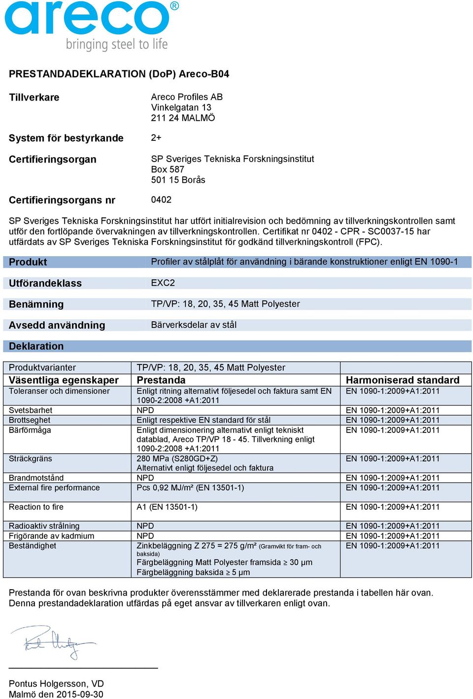 Enligt respektive EN standard för stål datablad, Areco TP/VP 18-45.
