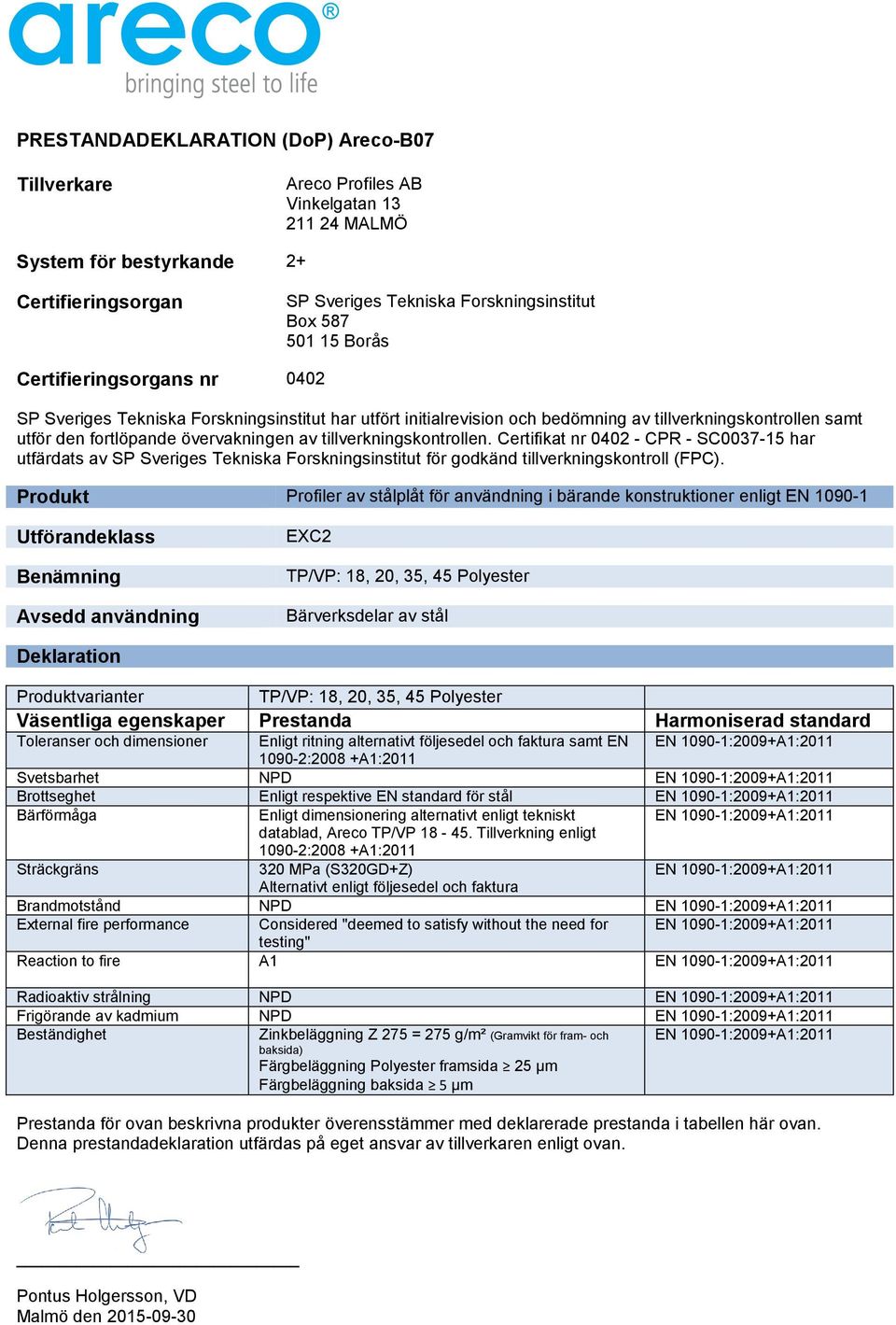 respektive EN standard för stål datablad, Areco TP/VP 18-45.