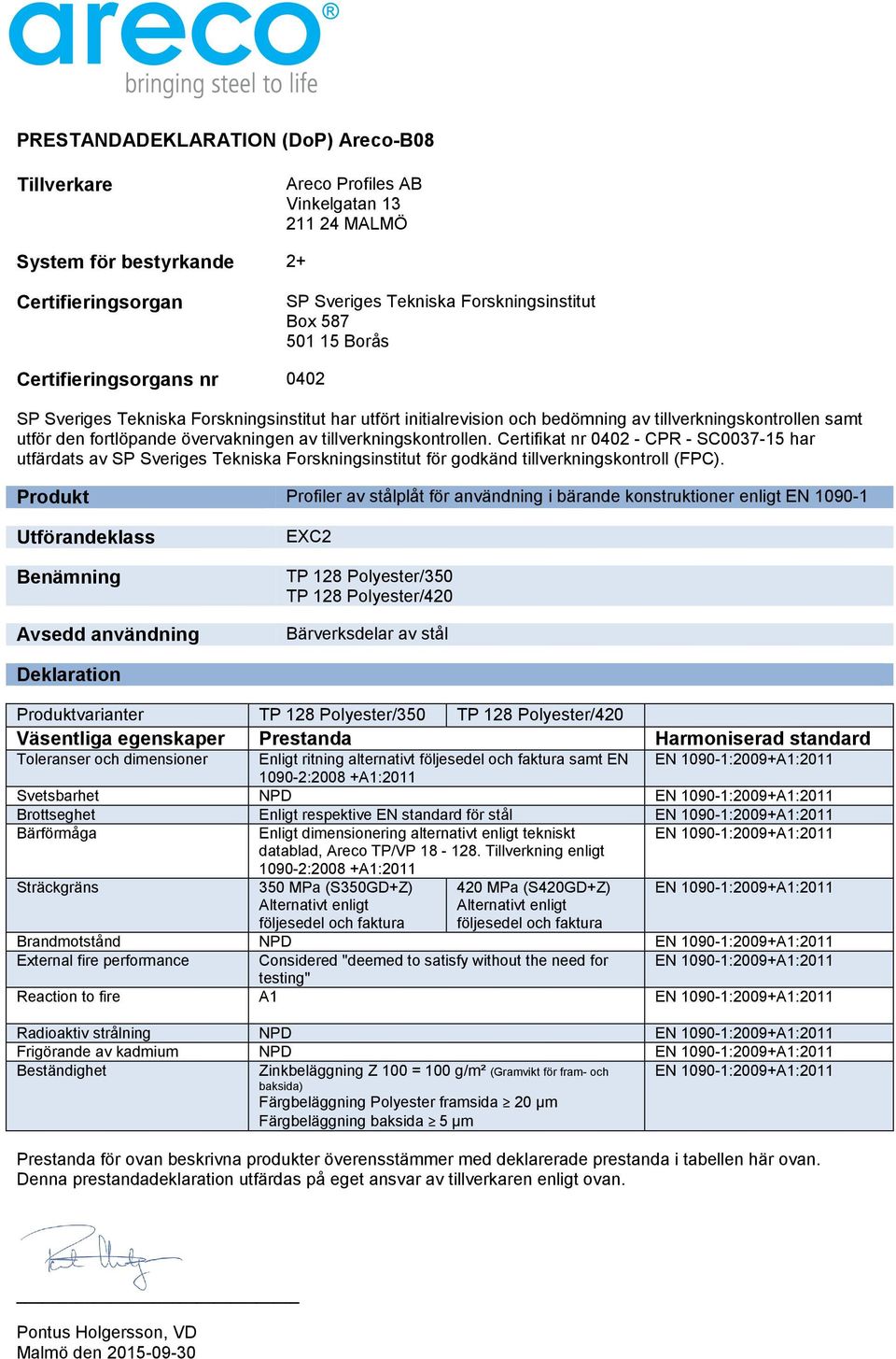 Enligt respektive EN standard för stål datablad, Areco TP/VP 18-128.