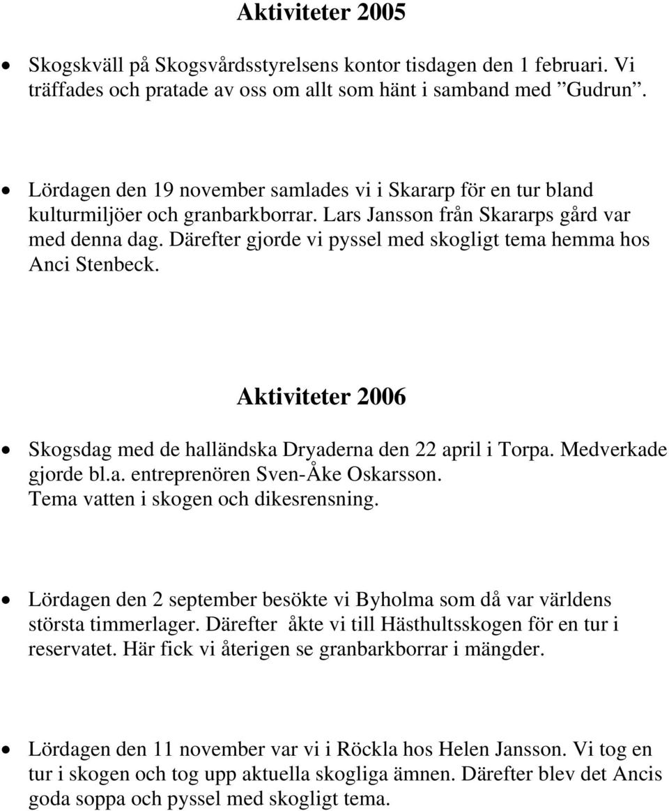 Därefter gjorde vi pyssel med skogligt tema hemma hos Anci Stenbeck. Aktiviteter 2006 Skogsdag med de halländska Dryaderna den 22 april i Torpa. Medverkade gjorde bl.a. entreprenören Sven-Åke Oskarsson.