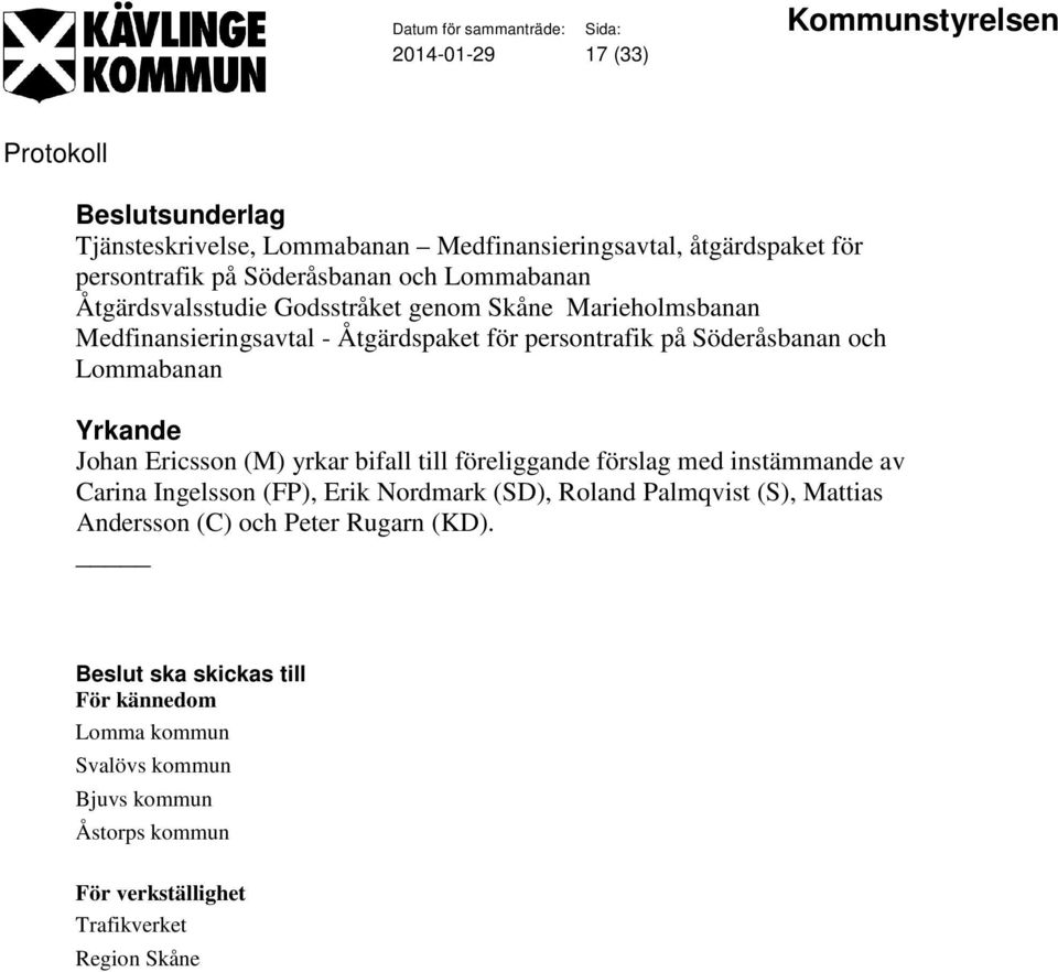 Ericsson (M) yrkar bifall till föreliggande förslag med instämmande av Carina Ingelsson (FP), Erik Nordmark (SD), Roland Palmqvist (S), Mattias
