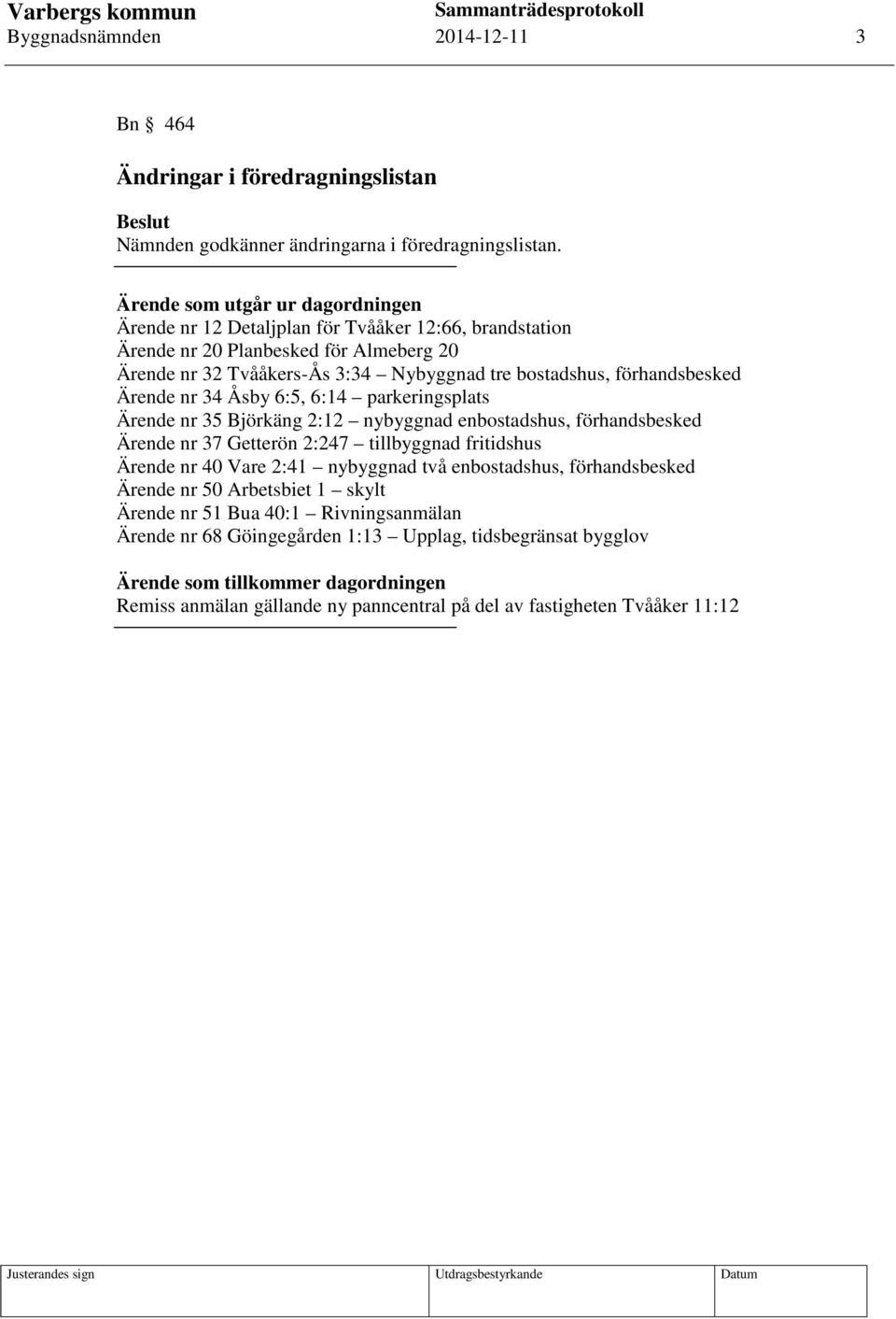 förhandsbesked Ärende nr 34 Åsby 6:5, 6:14 parkeringsplats Ärende nr 35 Björkäng 2:12 nybyggnad enbostadshus, förhandsbesked Ärende nr 37 Getterön 2:247 tillbyggnad fritidshus Ärende nr 40 Vare 2:41