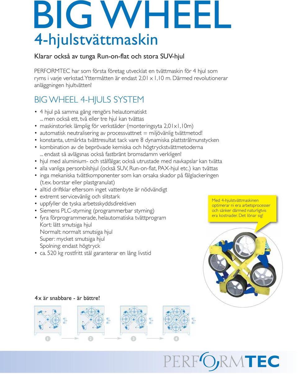 .. men också ett, två eller tre hjul kan tvättas maskinstorlek lämplig för verkstäder (monteringsyta 2,01x1,10m) automatisk neutralisering av processvattnet = miljövänlig tvättmetod!