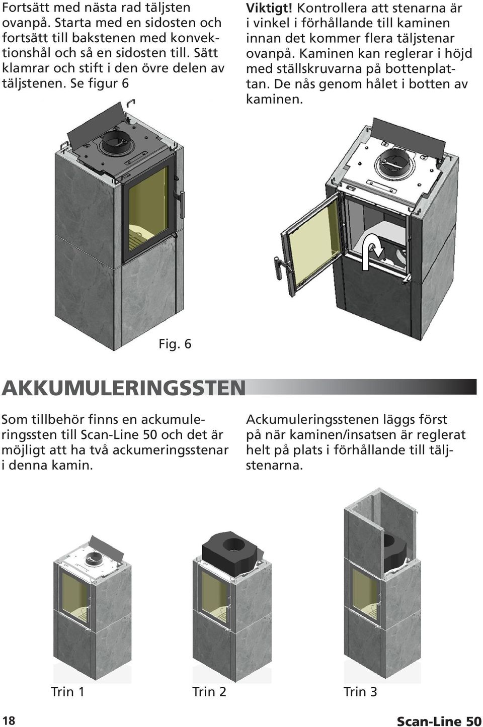 Kaminen kan reglerar i höjd med ställskruvarna på bottenplattan. De nås genom hålet i botten av kaminen. Fig.