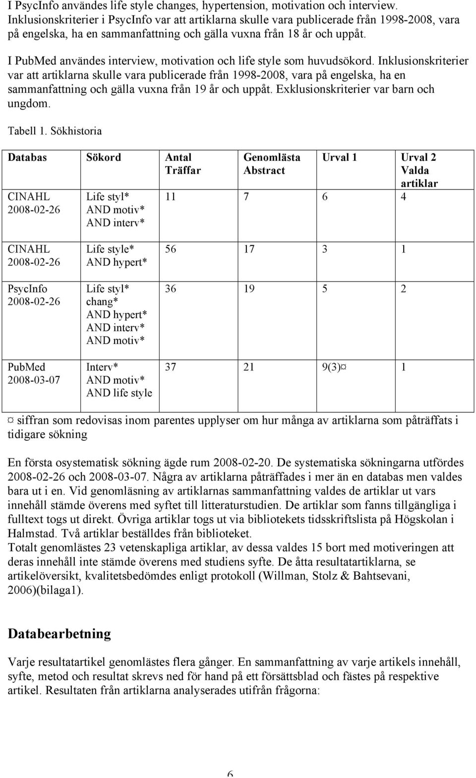 I PubMed användes interview, motivation och life style som huvudsökord.