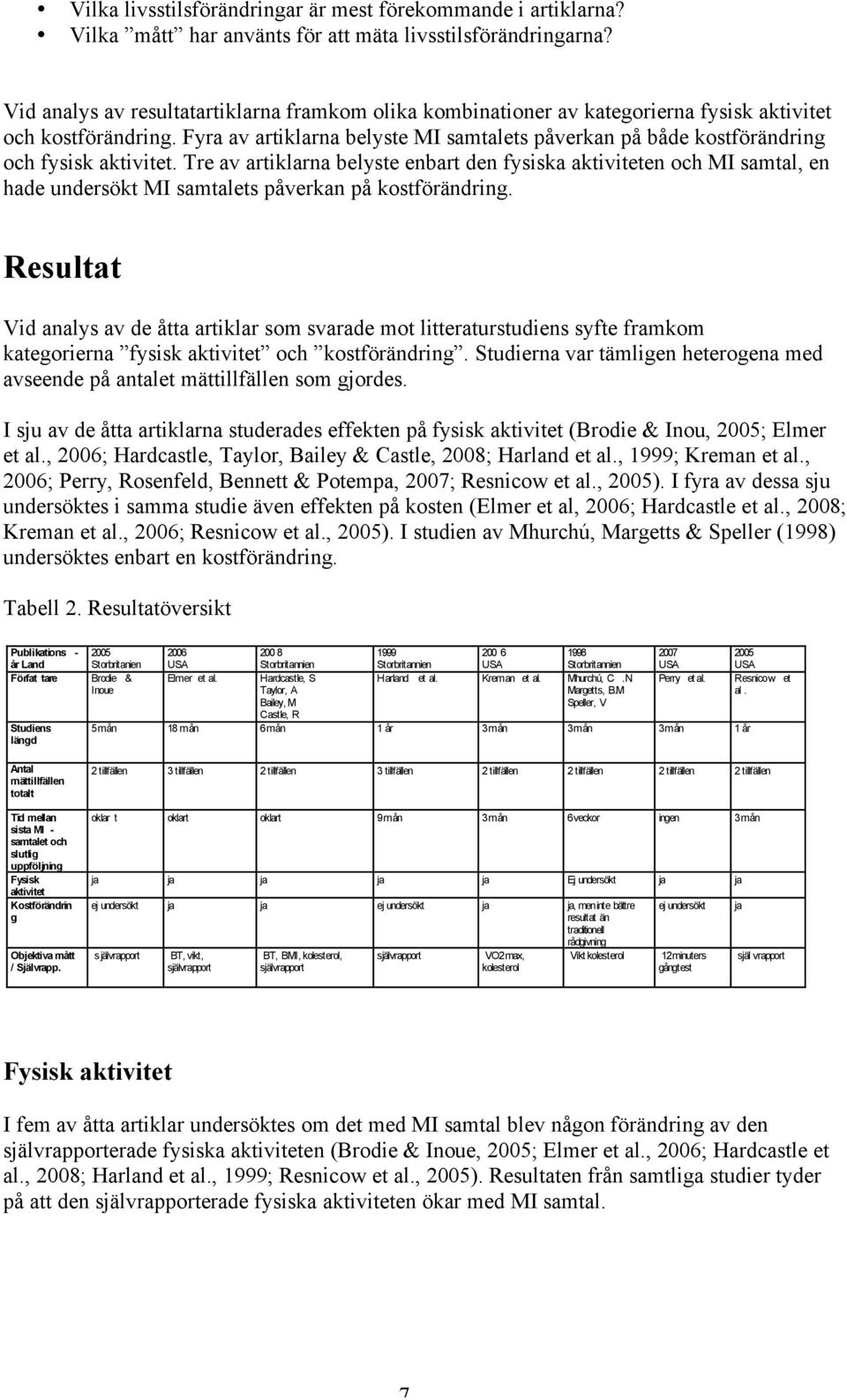 Fyra av artiklarna belyste MI samtalets påverkan på både kostförändring och fysisk aktivitet.