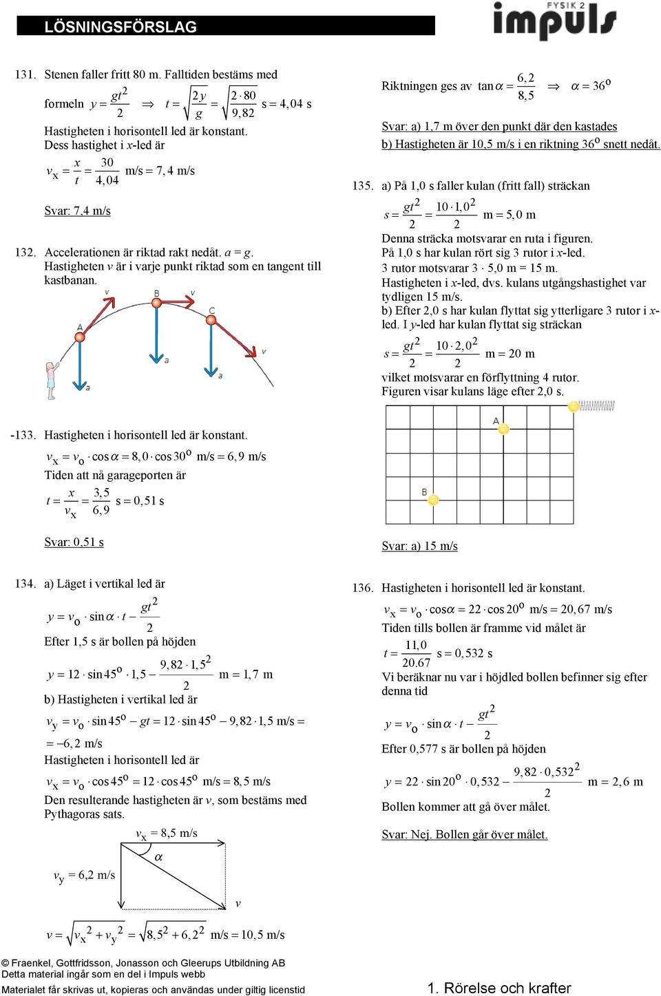 Riktningen ges av tan! = 6, 8,5 "! = 36 o Sva: a) 1,7 m öve den punkt dä den kastades b) Hastigheten ä 10,5 m/s i en iktning 36 o snett nedåt. 135.