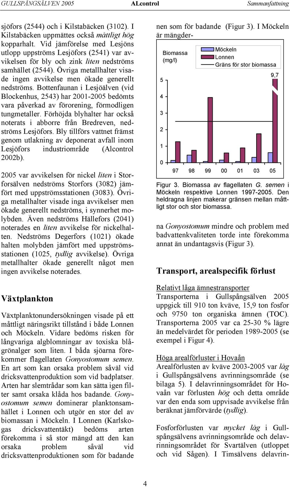 Bottenfaunan i Lesjöälven (vid Blockenhus, 2543) har 2001-2005 bedömts vara påverkad av förorening, förmodligen tungmetaller.