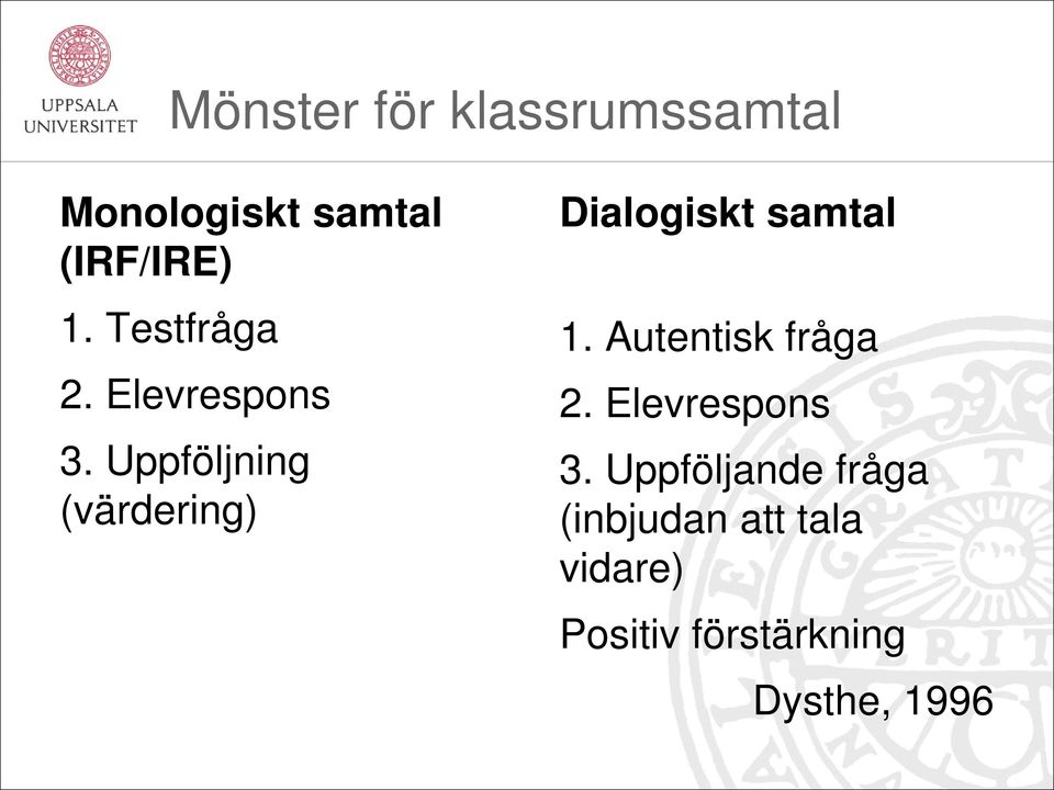 Uppföljning (värdering) Dialogiskt samtal 1.