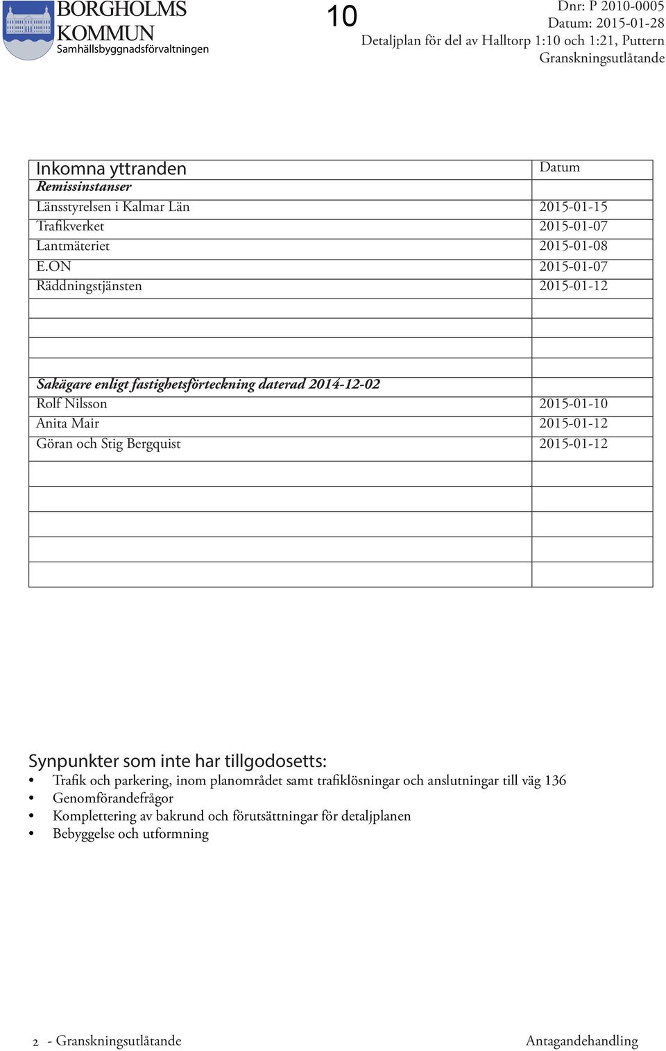 ON 2015-01-07 Räddningstjänsten 2015-01-12 Sakägare enligt fastighetsförteckning daterad 2014-12-02 Rolf Nilsson 2015-01-10 Anita Mair 2015-01-12 Göran och Stig Bergquist 2015-01-12