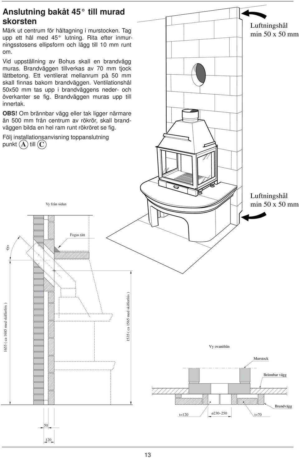 Ventilationshål 50x50 mm tas upp i brandväggens neder- och överkanter se fig. Brandväggen muras upp till innertak. OBS!