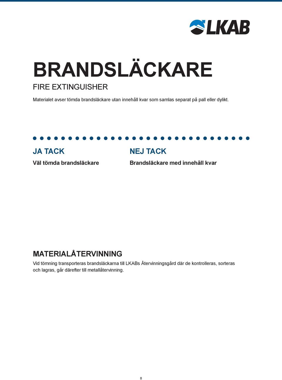 Väl tömda brandsläckare Brandsläckare med innehåll kvar Vid tömning transporteras