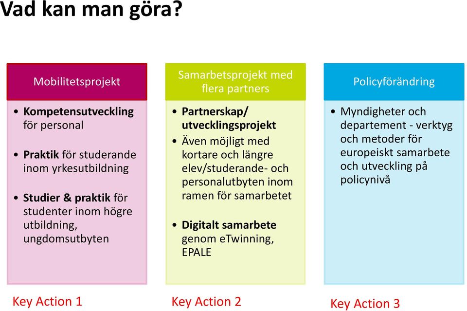 utbildning, ungdomsutbyten Samarbetsprojekt med flera partners Partnerskap/ utvecklingsprojekt Även möjligt med kortare och längre