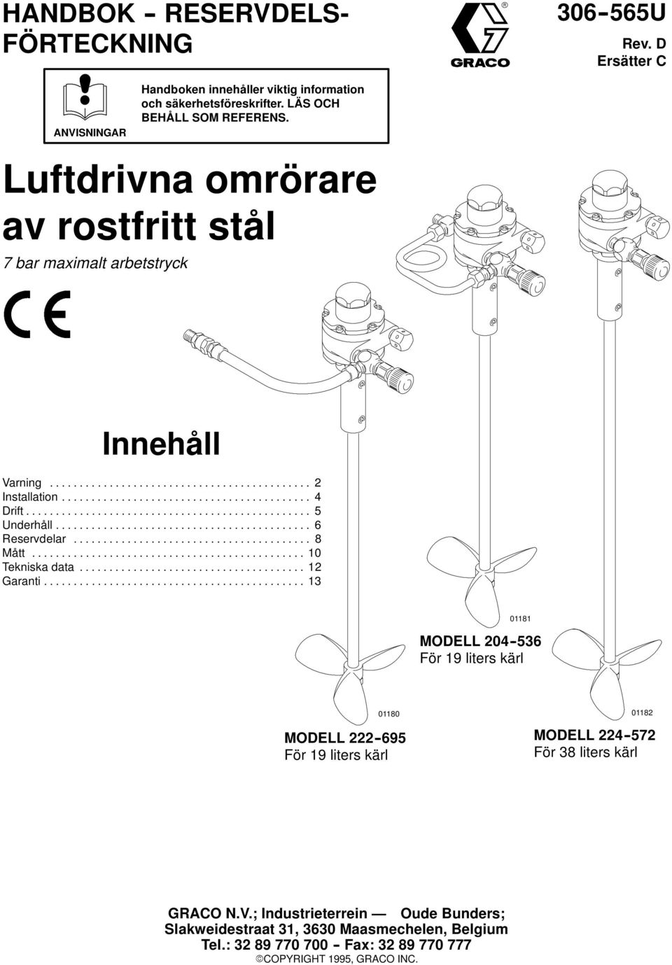 LÄS OCH BEHÅLL SOM REFERENS. Innehåll Varning... 2 Installation... 4 Drift... 5 Underhåll... 6 Reservdelar... 8 Mått... 10 Tekniska data... 12 Garanti.